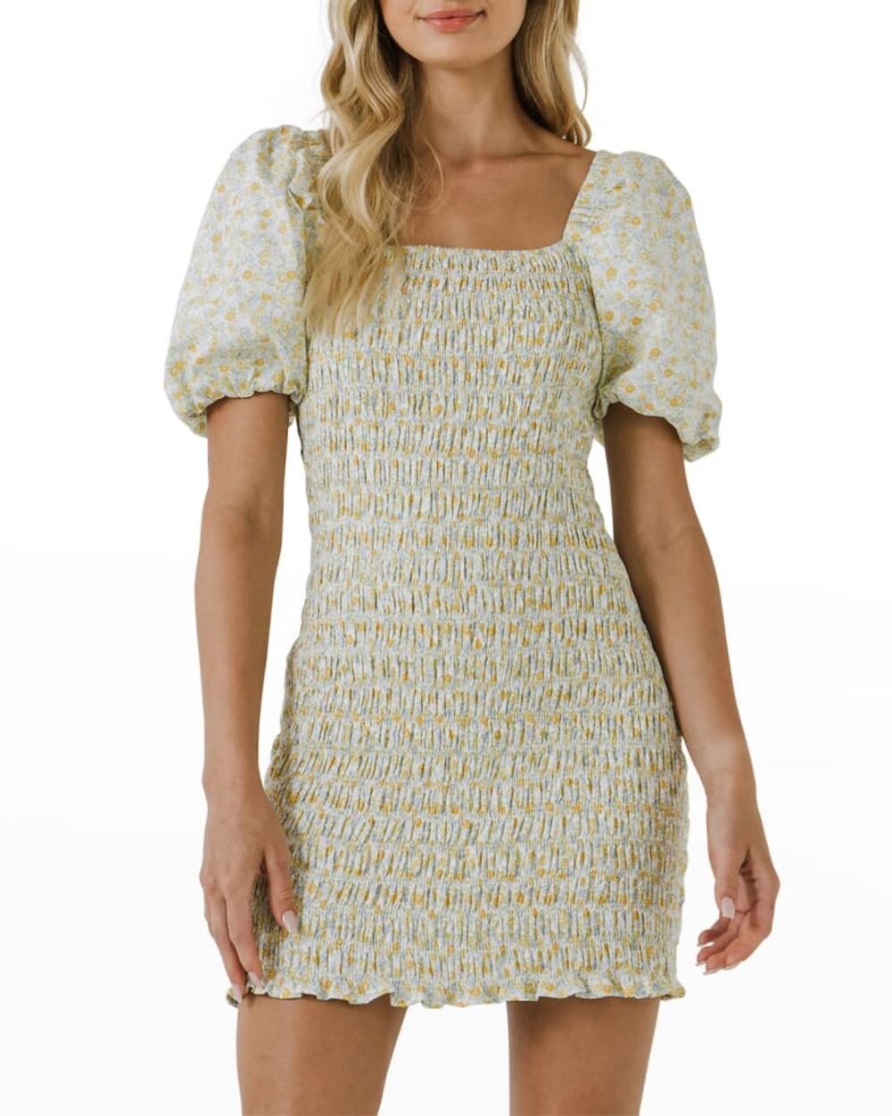 English Factory Smocked Puff-Sleeve Floral Cotton Mini Dress Yellow XS